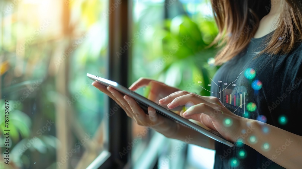 Poster an image of a girl using a tablet to present a financial analysis using a chart. the image illustrat