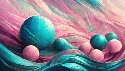 Banner Abstract background, with 3D blue, turquoise and pink spheres, balls on pink background
