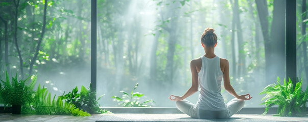Fototapeta premium Beautiful woman meditating at home. Yoga, Pilates and healthy lifestyle concept.