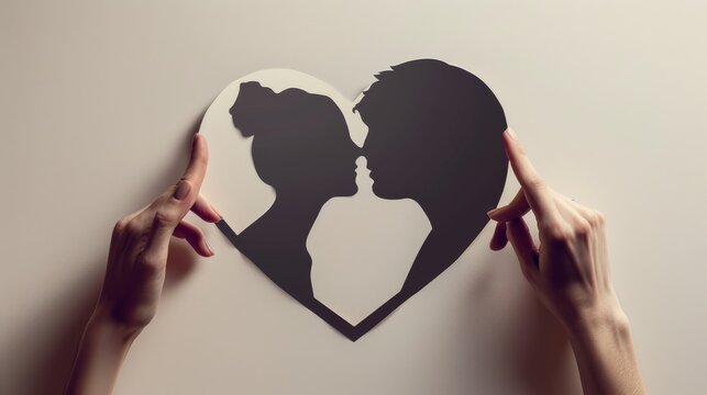 This image depicts a heart formed by female hands on a light background. It contains a silhouette depicting a kiss between a man and a woman.