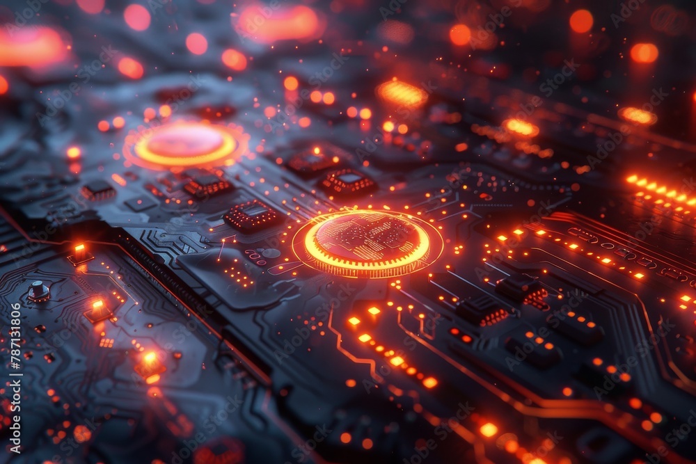 Poster detailed image of an advanced technological chipset illuminated with red light, symbolizing power an