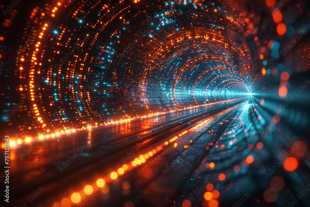 Poster this image captures a colorful digital tunnel, representing high-speed data transfer and connectivit