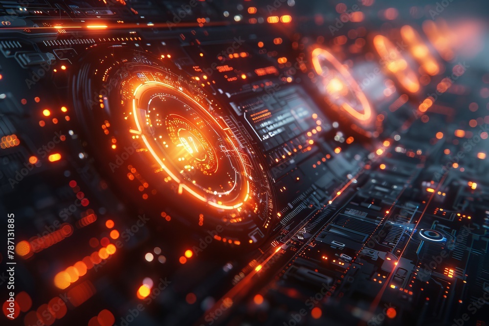 Poster intricate circular interface with glowing elements depicting futuristic technology and advanced ui c