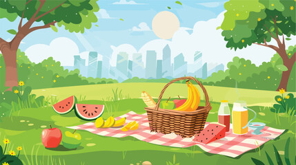 Background of a picnic set up in a city park. Basket