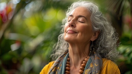 a senior woman meditating in a peaceful garden - Powered by Adobe