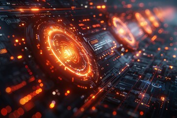 Intricate circular interface with glowing elements depicting futuristic technology and advanced UI concepts