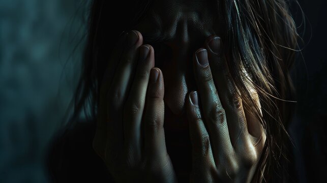The image portrays domestic violence, fear, and a woman covering her face with her hands. Dim light and black background create a dramatic mood.