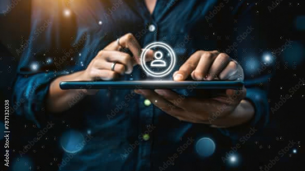 Poster this image shows a man holding a tablet with a search icon on it. it refers to search engine optimiz