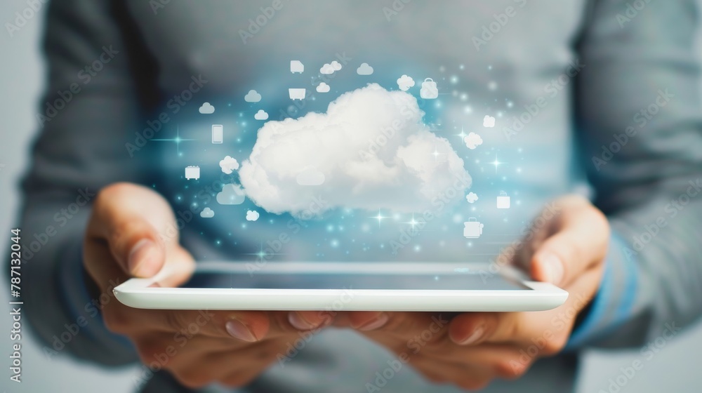 Poster cloud storage concept. man touches cloud icon and holds tablet computer with many online apps.