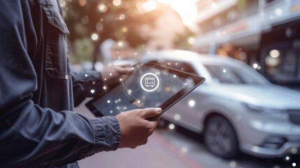 Image of an aman holding a tablet and holding a car icon. A logistics concept for goods and cargo delivery. - obrazy, fototapety, plakaty