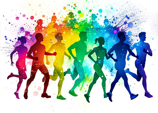 Illustration of silhouettes of runners with colorful paint splashes, transparent background, png, Generative ai