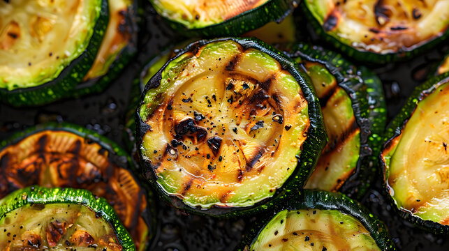 Grilled zucchini Fried vegetable slices in aluminum form Healthy summer veggie food Top view Copy space : Generative AI