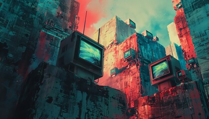 Design a digital painting featuring abstract interpretations of advanced gadgets seen from a worms-eye perspective, infused with a pixelated aesthetic - obrazy, fototapety, plakaty