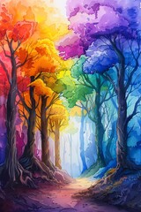 Paint a dreamy scene of a forest with twisted, rainbow-colored trees against a lavender sky using watercolor techniques