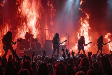 A vibrant live concert capture with band members playing amidst intense fire pyrotechnics,...