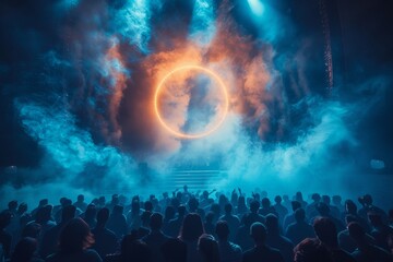 A mesmerizing image capturing the audience's awe at a fiery ring amidst dramatic clouds and lights at an event - obrazy, fototapety, plakaty