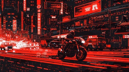 Pixel art of a high-speed pixel motorcycle race through a red neon-lit cyberpunk city, dodging traffic and obstacles, 8-bit style, high contrast, low detail, simple, pixel art screenshot, pixel art - obrazy, fototapety, plakaty