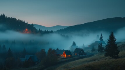 Fog, houses, and mountains illuminated by the first rays of the sun in a mountainous landscape.