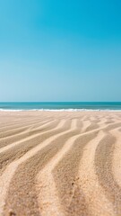 The beach background has a clear and soft blue sky, with smooth fine sand that is softly colored