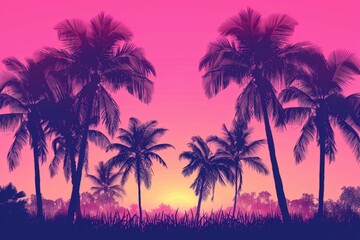 Obraz premium palms on the pink sky background on the sunset