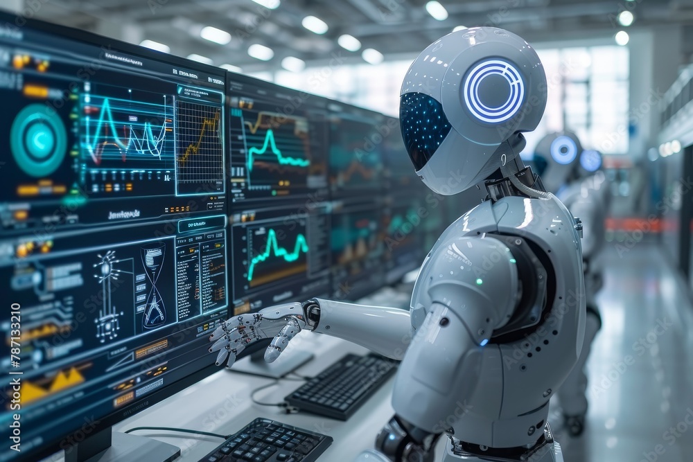 Poster a robotic arm is depicted manipulating analytical data on a multi-screen setup illustrating machine 