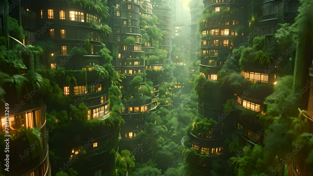 Aufkleber Towering Building in Forest. A tall building surrounded by dense trees in an urban environment.