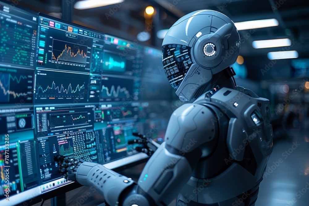 Poster a sleek white robot with a digital face examines complex stock market data displayed across multiple