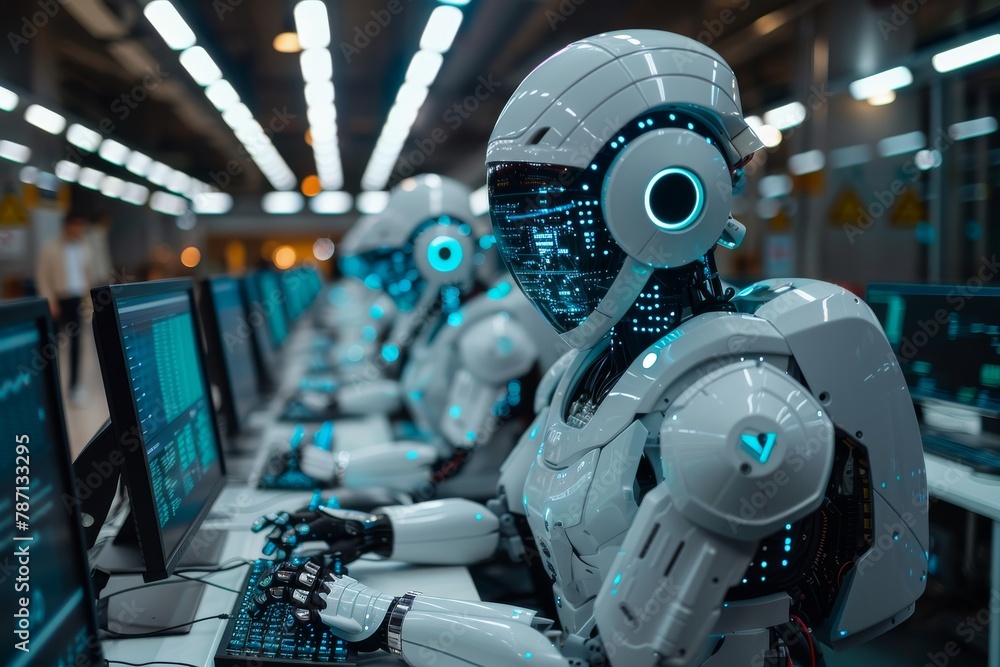 Poster a futuristic humanoid robot with an illuminated face is seen operating multiple computer screens in 