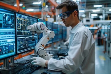 Human engineer with obscured face works collaboratively with a robotic arm, emphasizing human-robotic workforce synergy - obrazy, fototapety, plakaty