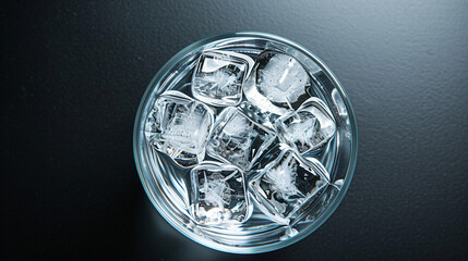The top view of a glass beaker with clear liquid ice cube