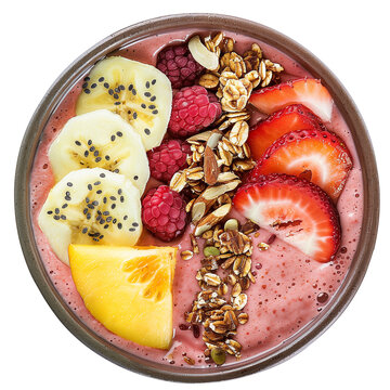 A smoothie bowl, artistically topped with slices of fruit and nuts, representing a drinkable meal of health and vitality, isolated on transparent background