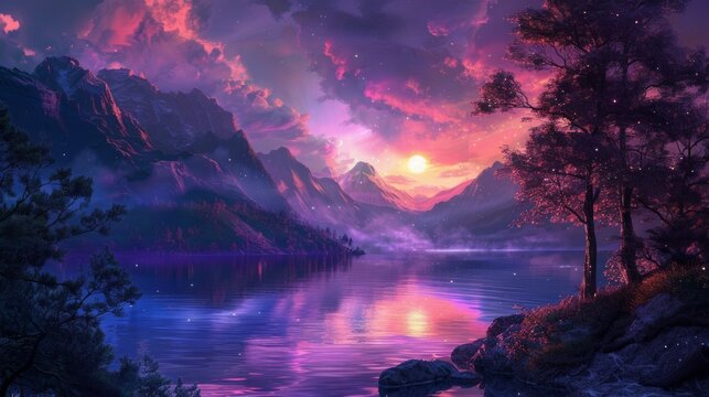 Beautiful fantasy colorful night landscape as wallpaper background