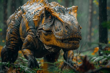 Intense snapshot of a dinosaur prowling with focus, conveying power and dominance through a rainy...