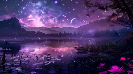 Beautiful fantasy colorful night landscape as wallpaper background