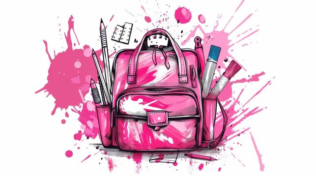 School bag with supplies, hand-drawn lettering, and splashes of ink on a white background. Modern poster.