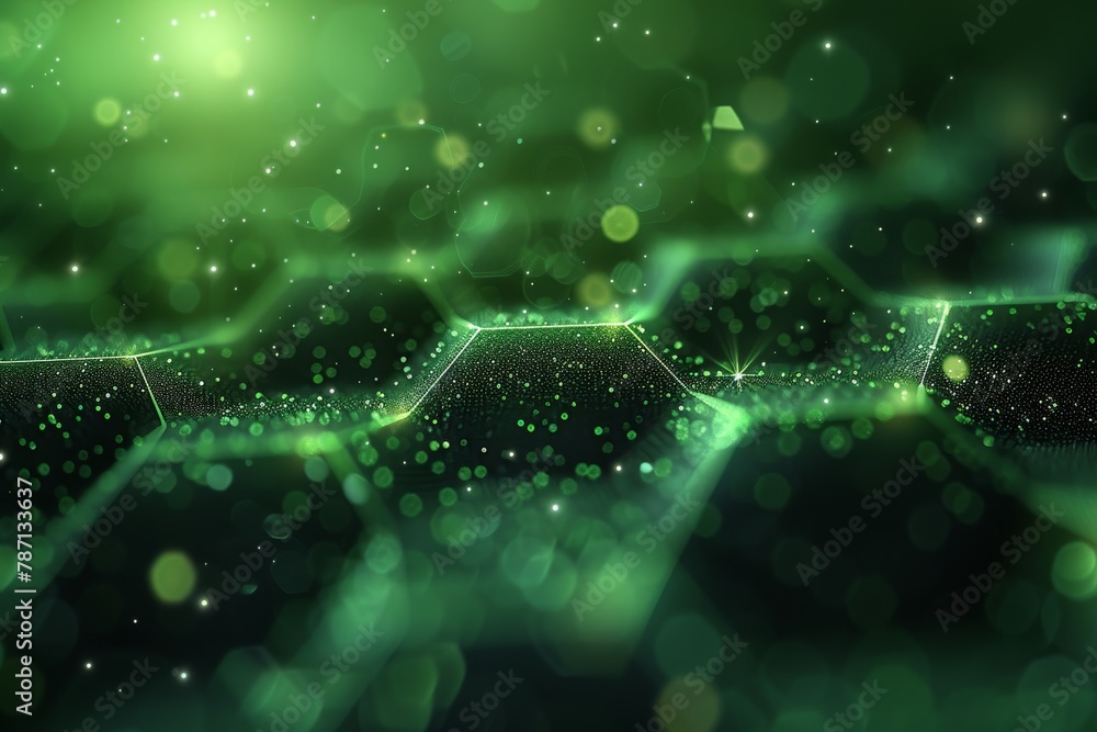Poster a beautifully rendered image of a green hexagonal digital pattern with glowing light dots, resemblin