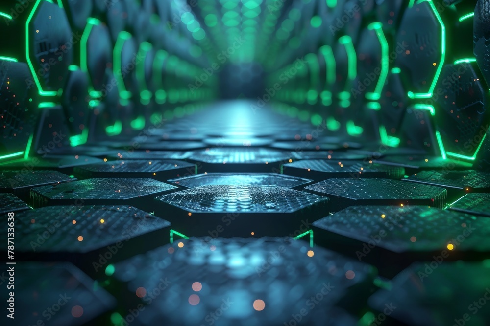 Poster a mesmerizing view down a sci-fi corridor with hexagonal shapes and ambient green lighting that sugg