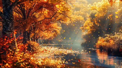 Autumn banner. autumn landscape with a view of the lake and trees with yellow, red and orange leaves. abstract seasonal banner background. Copy space - Powered by Adobe