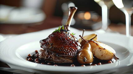 hyper-realistic image of a gourmet duck confit dish, crispy skin and a rich port wine reduction, served with poached pears - obrazy, fototapety, plakaty