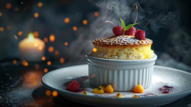 hyper-realistic image of a fine dining dessert, passionfruit souffle rising perfectly above the ramekin