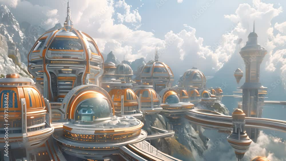 Aufkleber modern cityscape surrounded by towering mountains and billowing clouds.