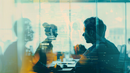 Fototapeta premium Intense brainstorming session in a corporate setting, captured as a double exposure with abstract strategy mapping
