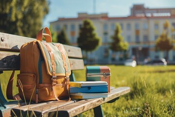 Brown leather backpack on sunlit bench