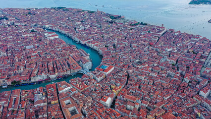 Incredible cityscape Venice and Venetian lagoon. Venice Grand Canal and buidings from a drone, Italy