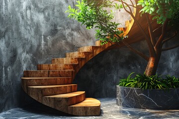 Wooden stairs with lush plants create a harmonious blend of nature and modern architecture inside a building