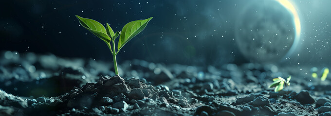 Sprout on moon surface: Young plant growing on lunar ground with earthshine and stars, symbolizing life and hope in space exploration.
 - obrazy, fototapety, plakaty