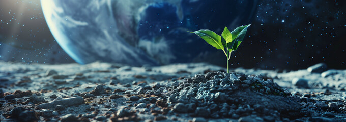 Sprout on moon surface: Young plant growing on lunar ground with earthshine and stars, symbolizing life and hope in space exploration.
 - obrazy, fototapety, plakaty