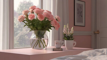 Pink flowers in a vase.
