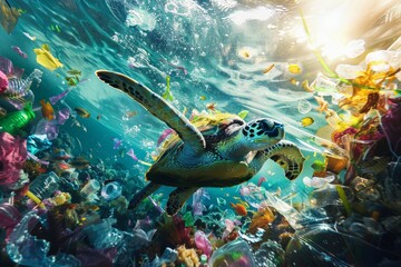 A vibrant underwater view showcasing a turtle entangled in plastic waste emphasizing World Oceans Day