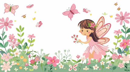 Beautiful cartoon fairy and a pink flower